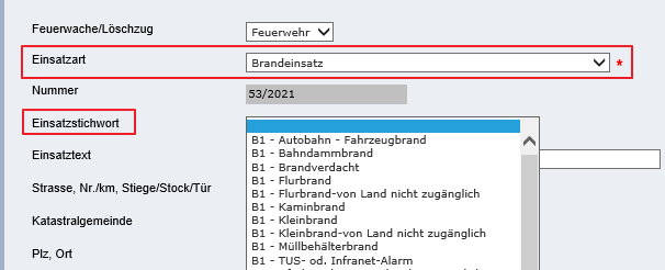 Einsatzstichwortauswahl abhängig von gewählter Einsatzart